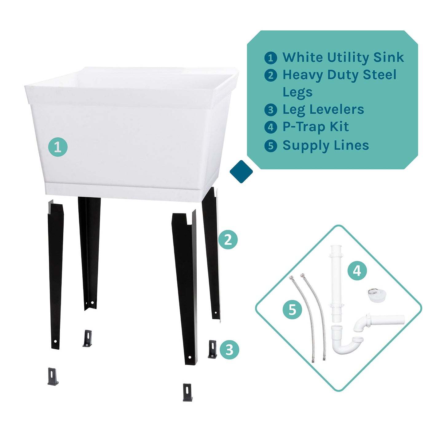 Tehila Standard Freestanding White Utility Sink with Black Legs, Water Supply Lines Included