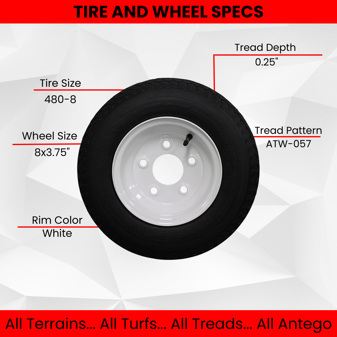 Antego Tire and Wheel (Set of 1) 4.80-8 Tire and Wheel Assemblies, White 5 Lug Trailer Tires and Wheels, 6 Ply, Load Range C