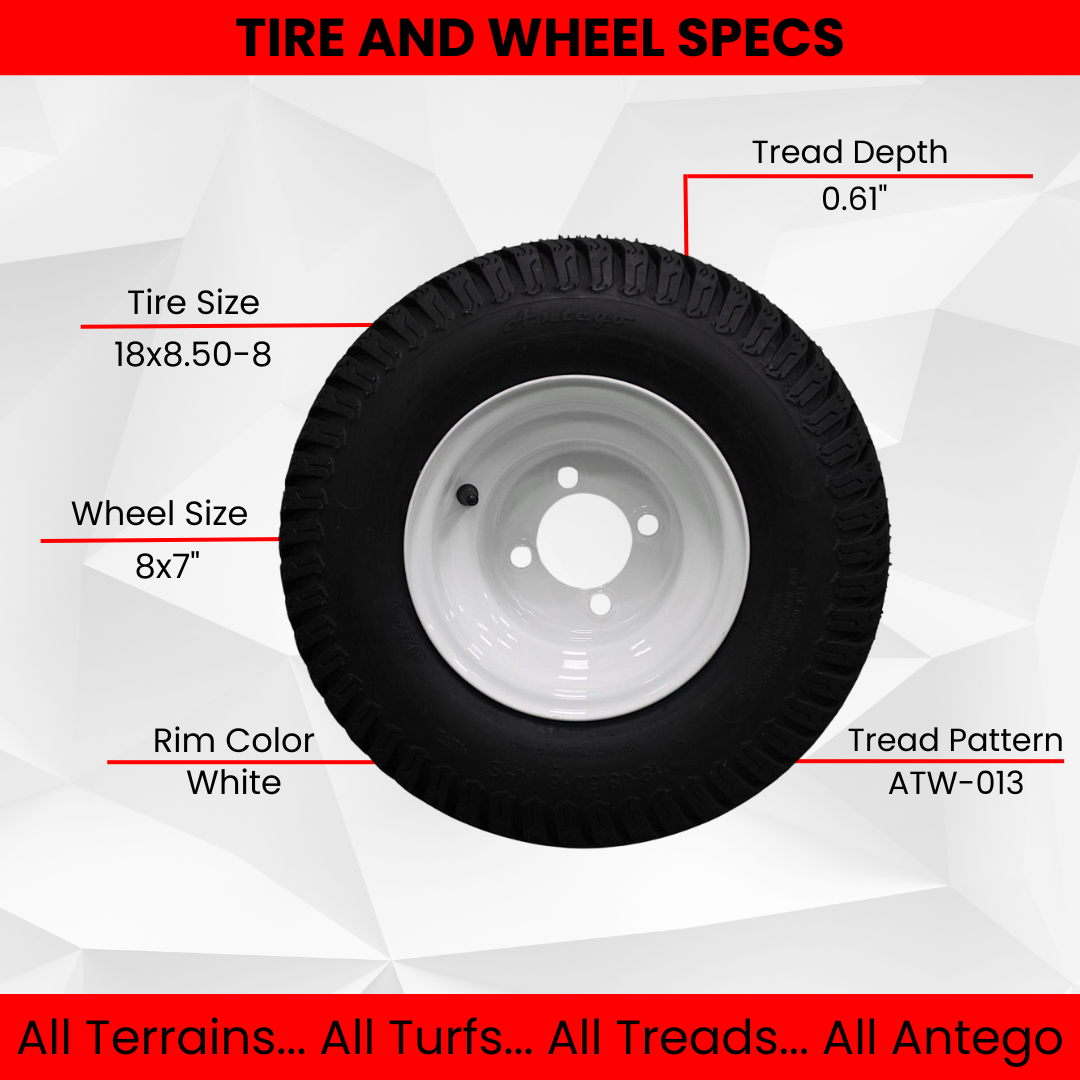 18x8.50-8 Turf Tires on 8x7 White Steel Wheels Compatible with Golf Carts and Mowers (Compatible with Toro Grandstand) (Qty: 1)