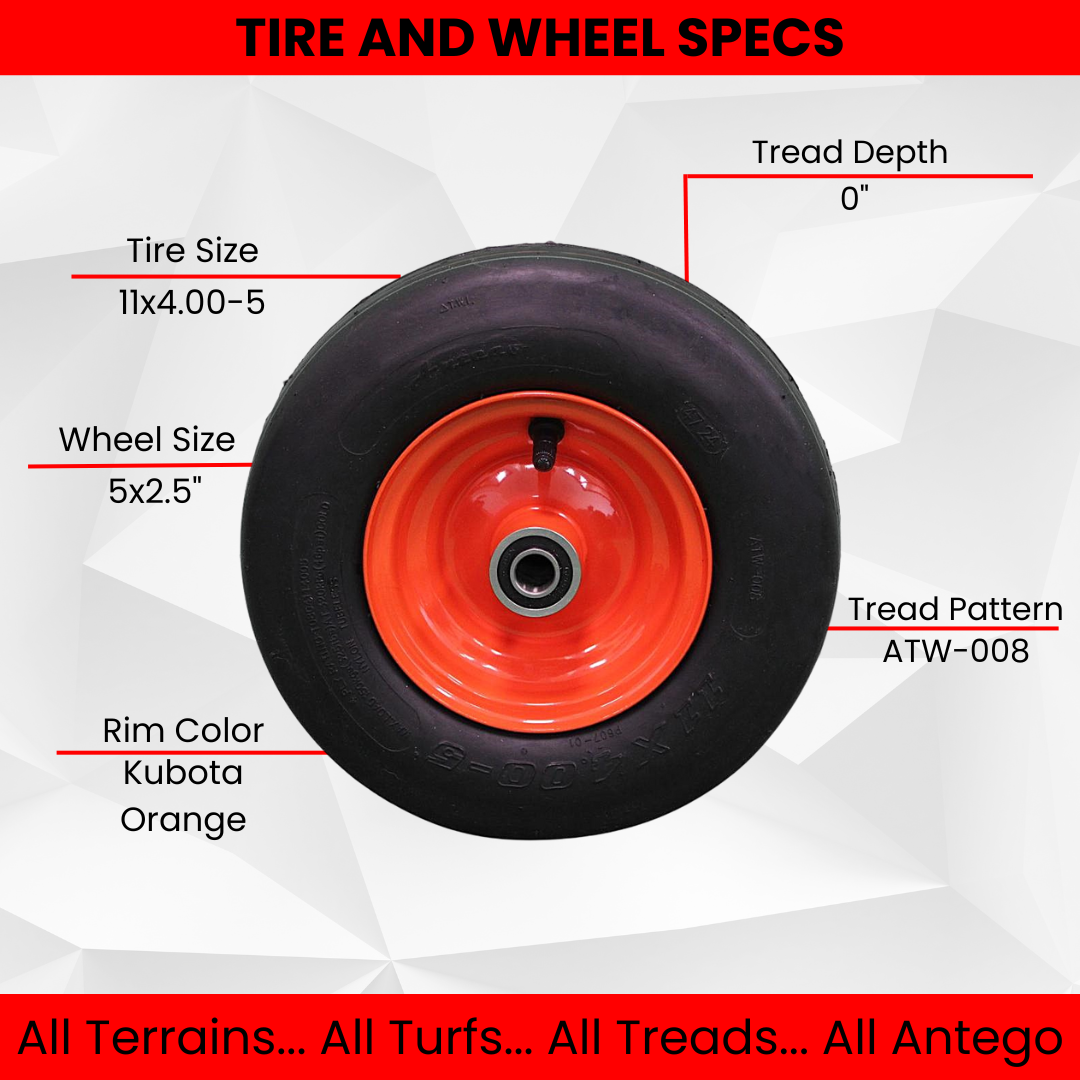 11x4.00-5 Tires & 5.25 Kubota Orange Wheels 4 Ply for Lawn & Garden Mower (Set of 2)