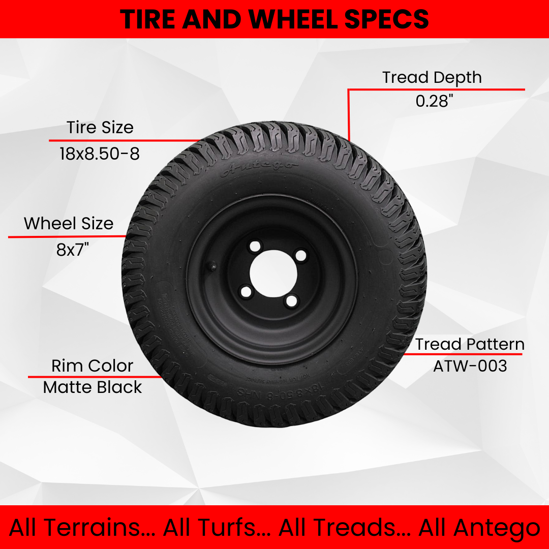 18x8.50-8 Turf Tires and 8x7 Matte Black Alloy Steel Wheels for Golf Carts and Mowers (Qty: 1)
