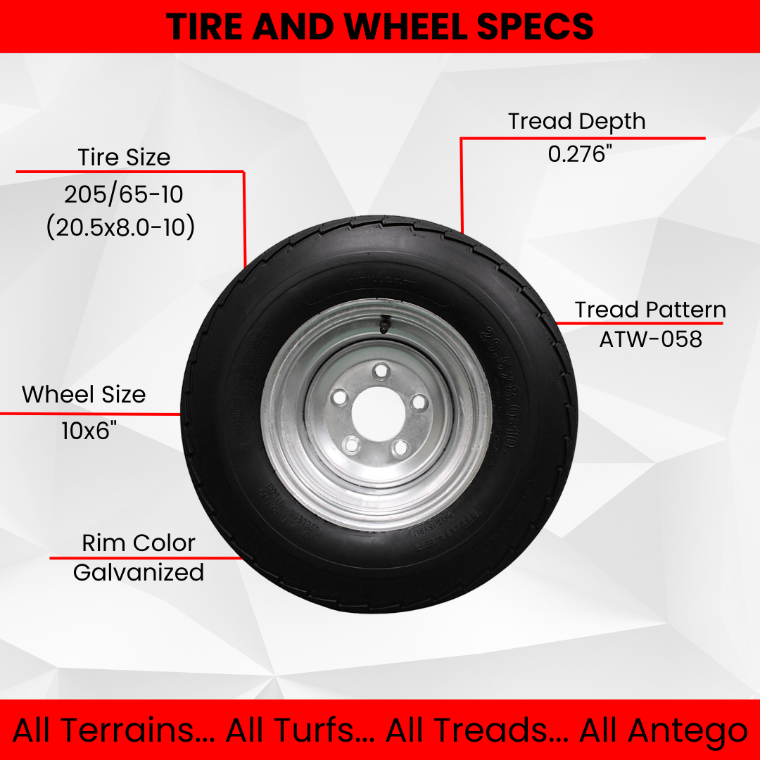 205/65-10 20.5x8.0-10 10 ply Load Range E Super Durable Antego Trailer Tire Wheel Assy - 5 Lug Galvanized Rim (Qty: 1)