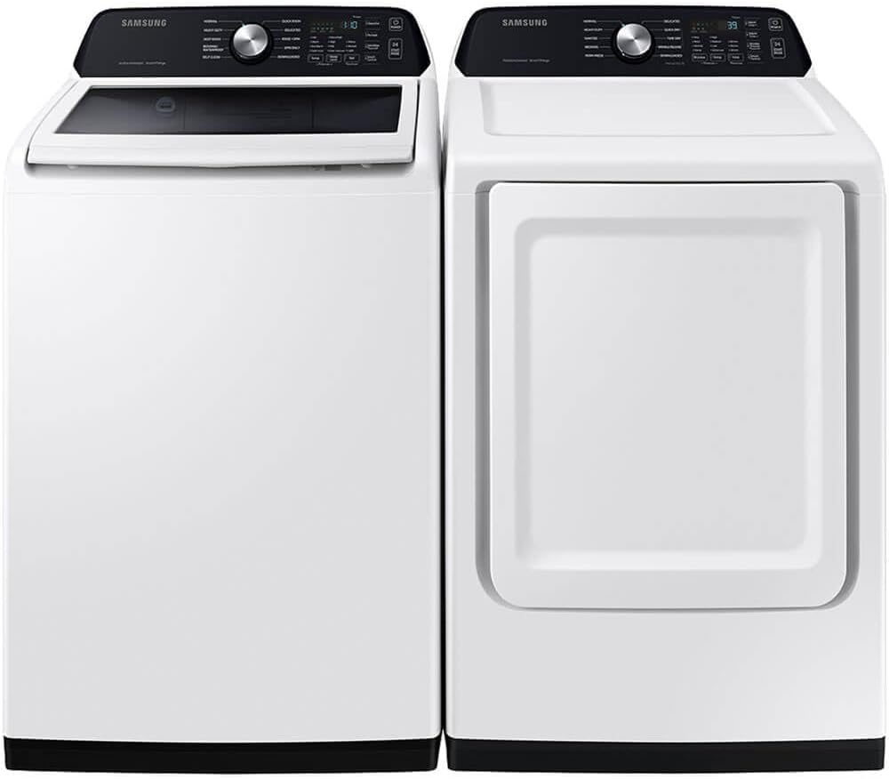 Samsung White Top Load High-Efficiency Smart Washer/Dryer Pair 4.7 Cu Ft Washer 7.4 Cu Ft Electric Dryer with Vent Power Cable 2 Water Hoses and 12 Month CPS Protection Plan