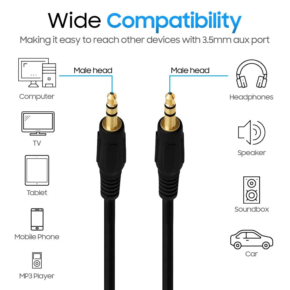 Cmple - 3.5mm Aux Audio Cable Stereo 6 ft AUX Cable Male to Male Speaker Cable Auxiliary Cord Adapter for Car, Phone, Headphones - Black