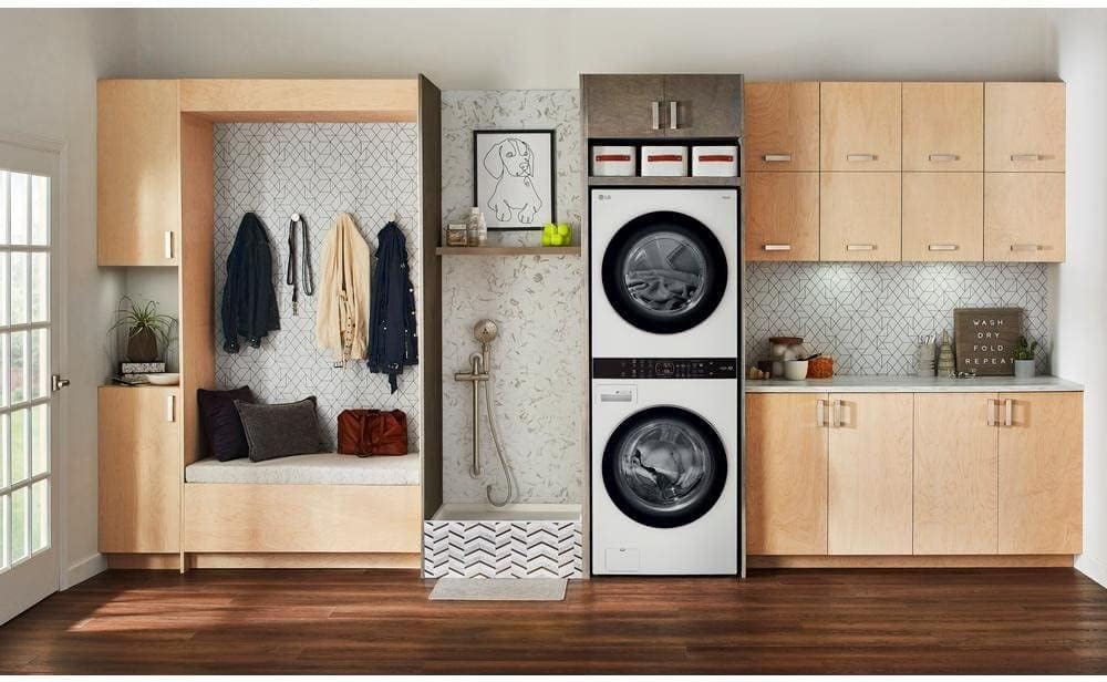 LG WashTower Stacked Smart Laundry Center 4.5 Cu.Ft. Front Load Washer & 7.4 Cu.Ft. Gas Dryer in White WKG101HWA