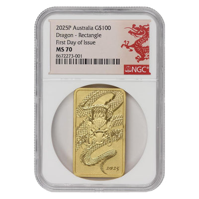 2025 1oz Australian Gold Dragon Bar MS-70 First Day of Issue Lunar Label $100 NGC MS70
