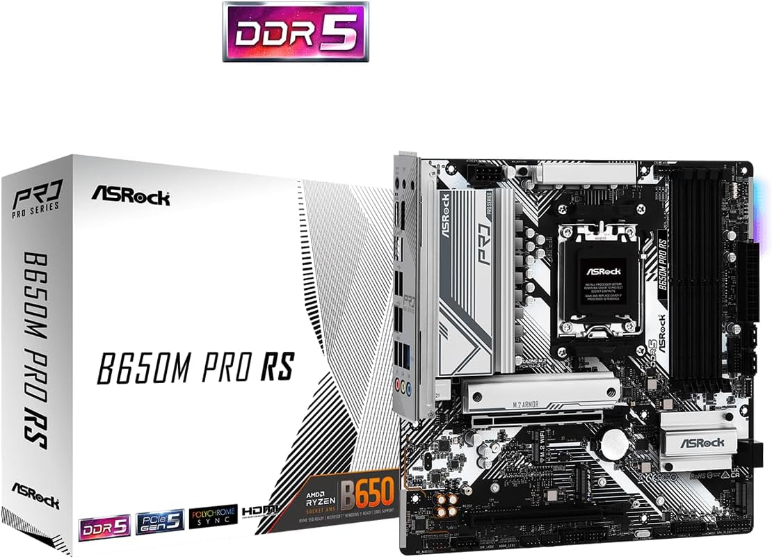 Asrock B650M Pro RS AMD Socket AM5 Ryzen 7000/8000/9000 Series DDR5 7200+ (OC) MHz 256GB M.2 Key E for WiFi SATA3 6.0 Gb/s Micro ATX Motherboard 2.5G LAN BIOS Flashback