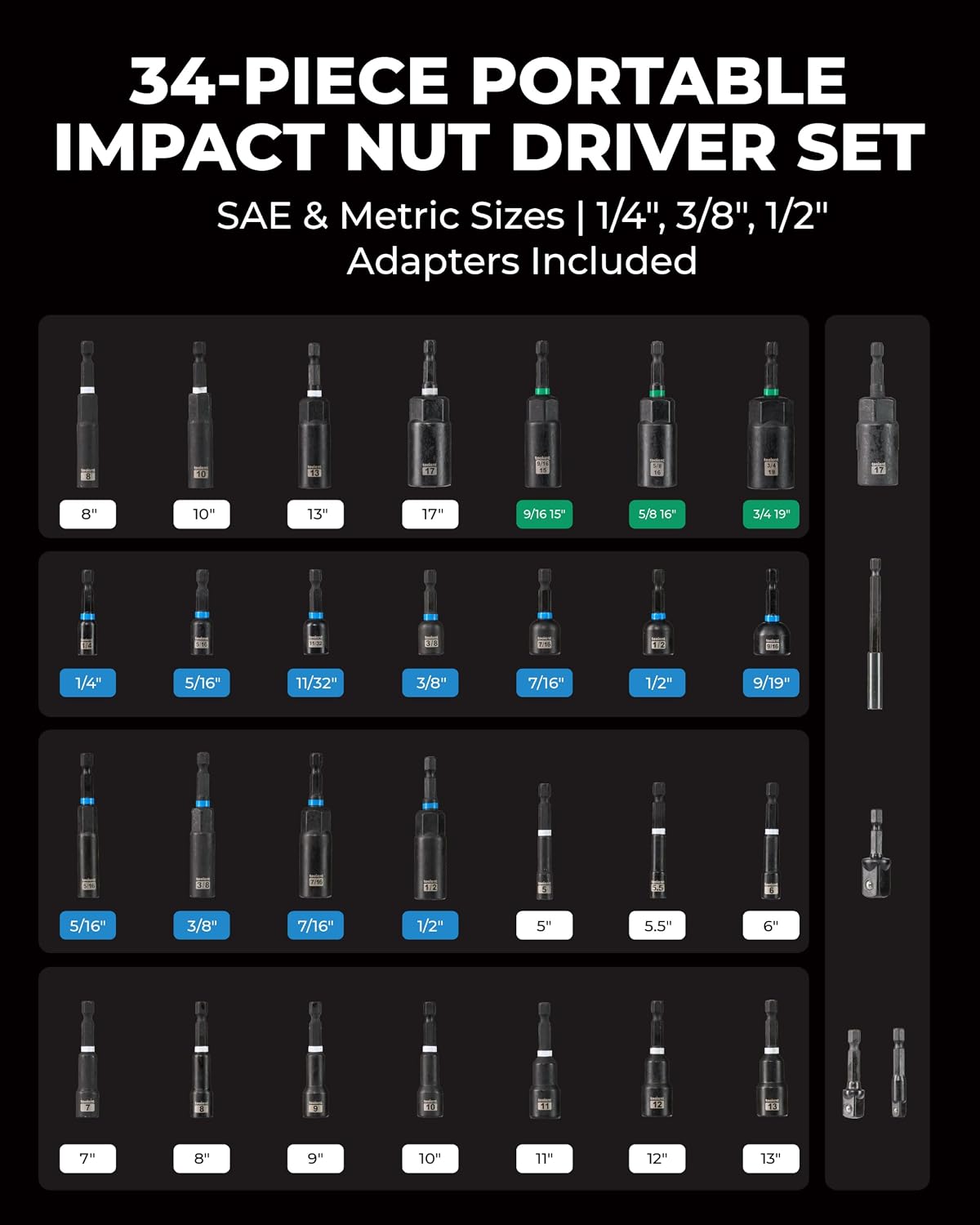 toolant Magnetic Nut Driver Set 34 Piece, Impact Driver Bit Set, Deep Nut Driver, Impact Socket Adapters, Wing Nut Driver, Tough Gift Case