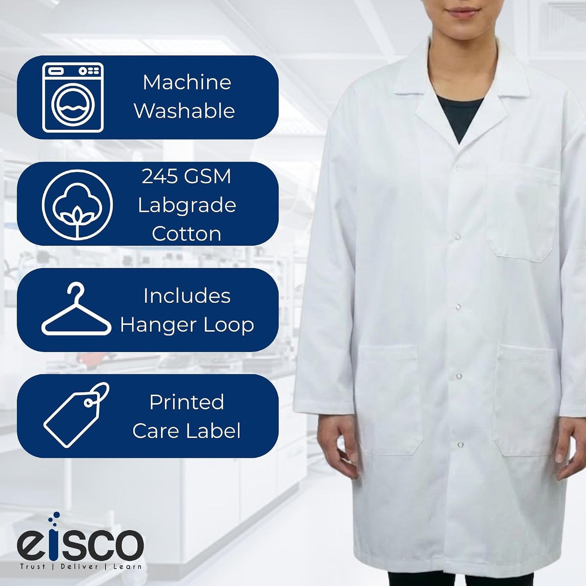 EISCO Adult XL Professional Grade 100% Cotton Lab Coat – Snap Front Laboratory Coat, 3 Pockets, Machine Washable, White