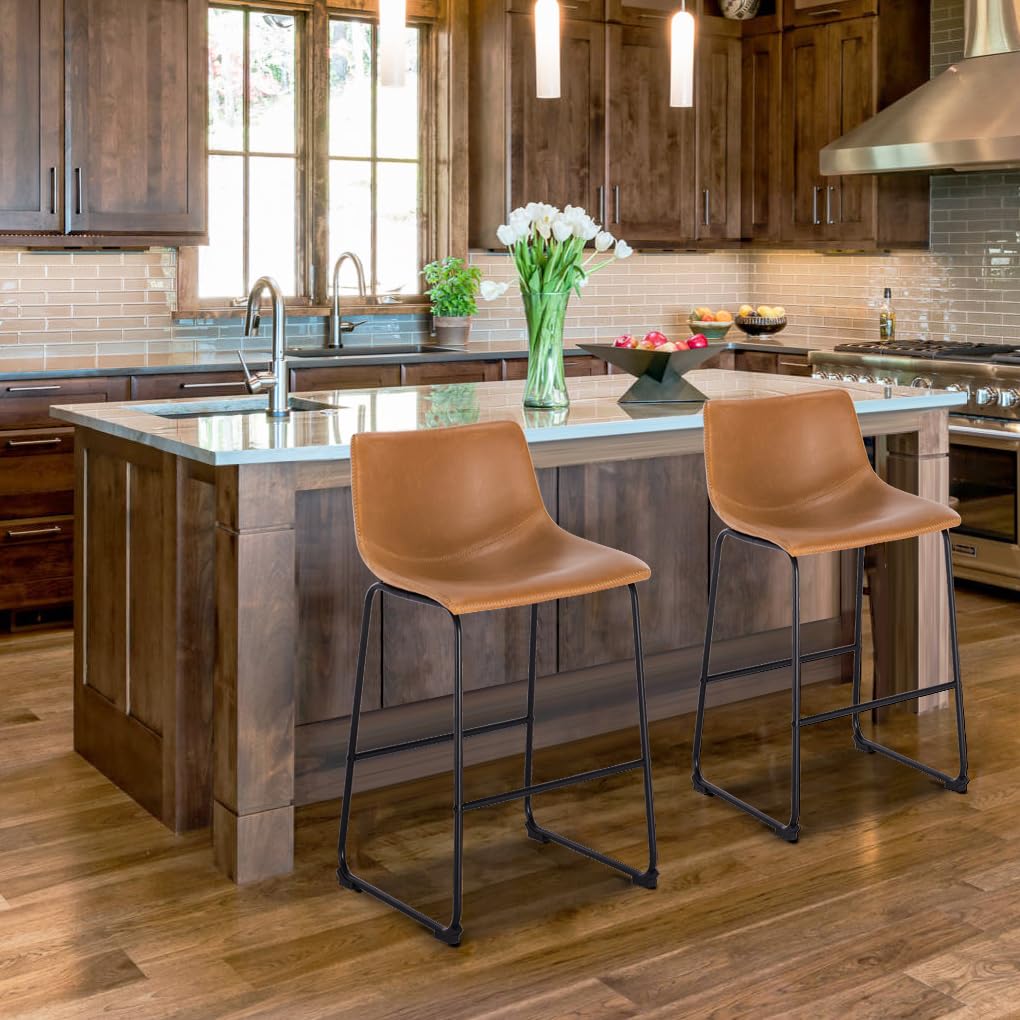 POLY & BARK Brinley Counter Stool Set of 3, Modern Armless Counter-Height Stools with Gently Curved Backrest and Wood Legs, Tan Faux Leather, for Kitchen Island or Breakfast Bar, 24" seat height