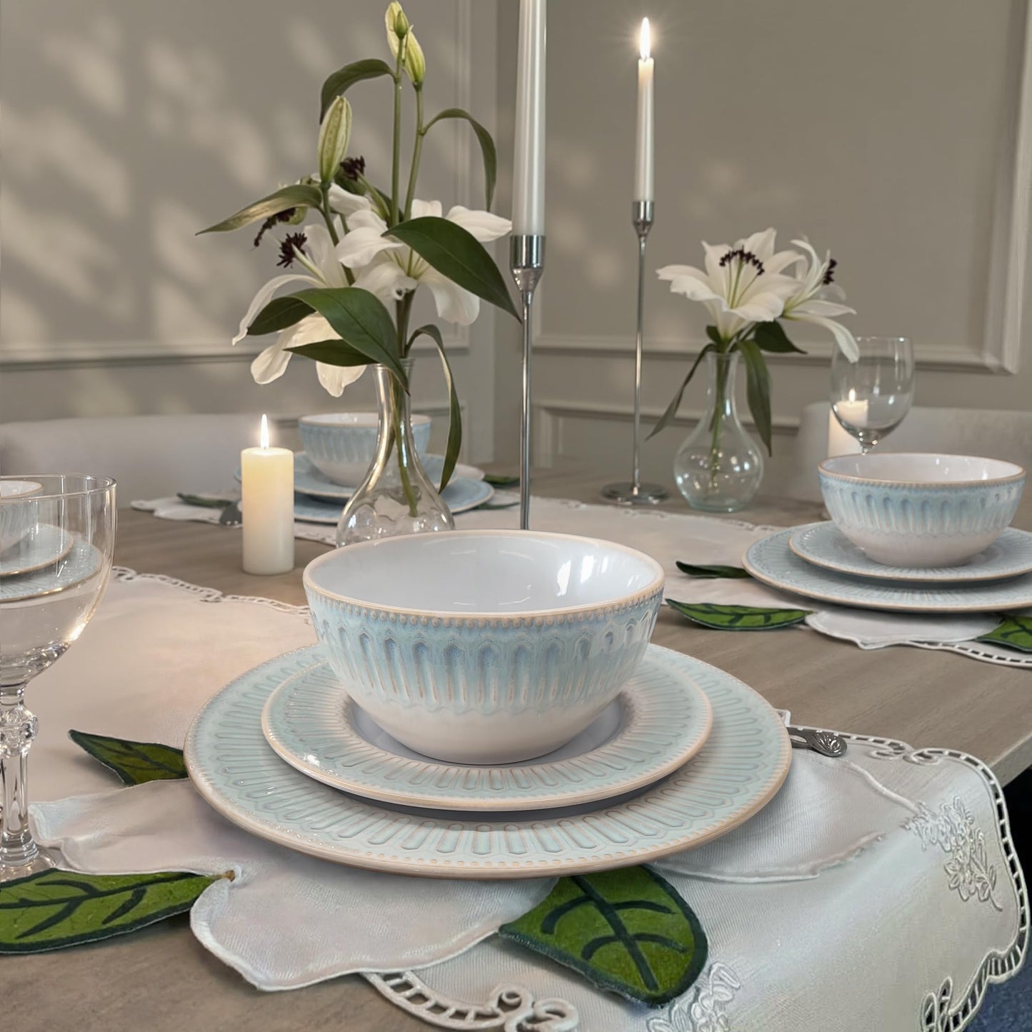 Kitchen Academy Stoneware Dinnerware Sets for 8, Embossed Ceramic Plates and Bowls Set, Beige Dishes