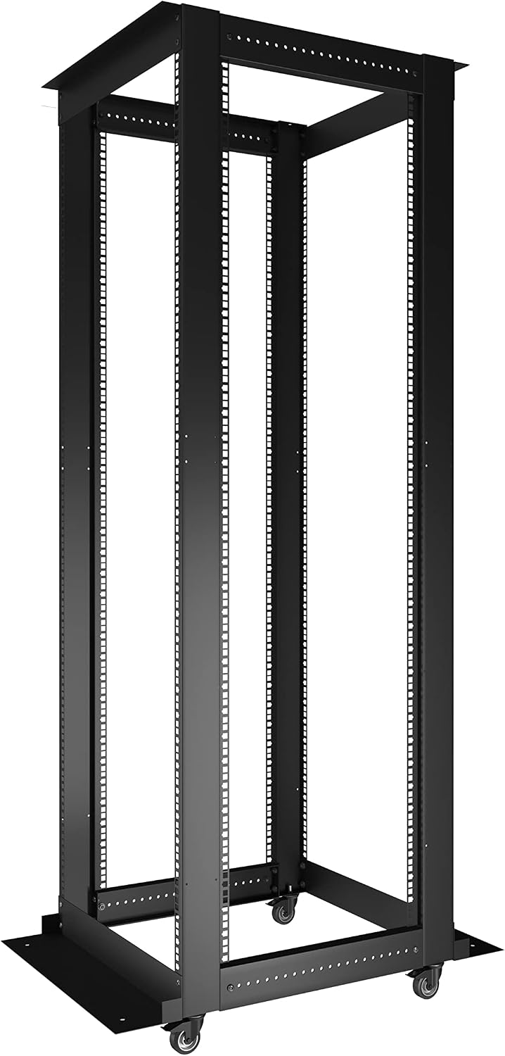 Sysracks 42U Open Frame Rack, Adjustable 24-37", 19-Inch EIA-310 | 4-post steel frame, square mounting holes, casters, cage nuts and screws