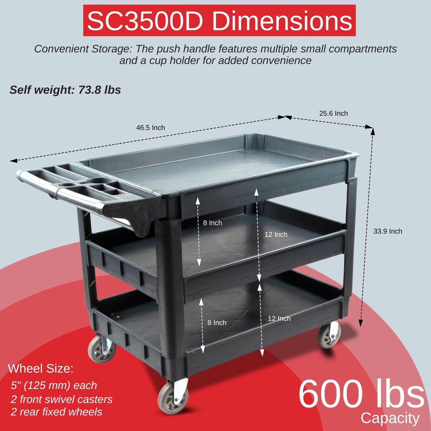 600 lbs Heavy Duty Rolling Utility Service Cart with Wheels, 3-Tier HDPE Deep Shelves, 5" Caster Wheels for Warehouse/Garage/Restaurants/Offices (SC3500D)