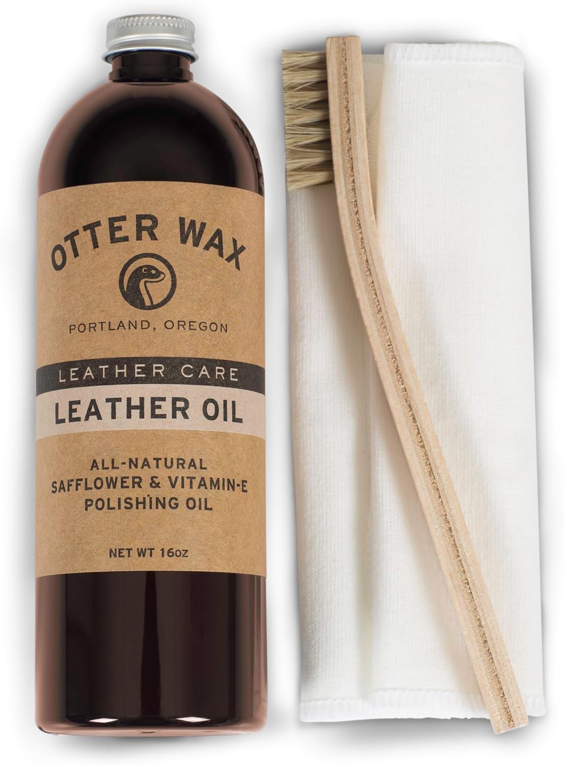 POLY & BARK 3-Piece Leather Care Kit – Otter Wax Leather Oil (16oz), Flannel Buffing Cloth & Horsehair Brush – All-Natural Leather Conditioner & Polish for Sofas, Chairs, Boots, and Bags