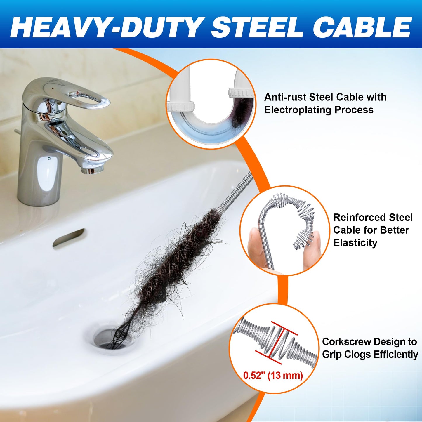 Drain Auger 33Ft, Auto-Feed Drain Clog Remover Plumbing Snake Drain Tools | Drill Adapter for Quickly Unclogging, Long Flexible Drain Snake for Deep Pipe Clogs, Bathroom Shower, Bathtub, Kitchen Sink