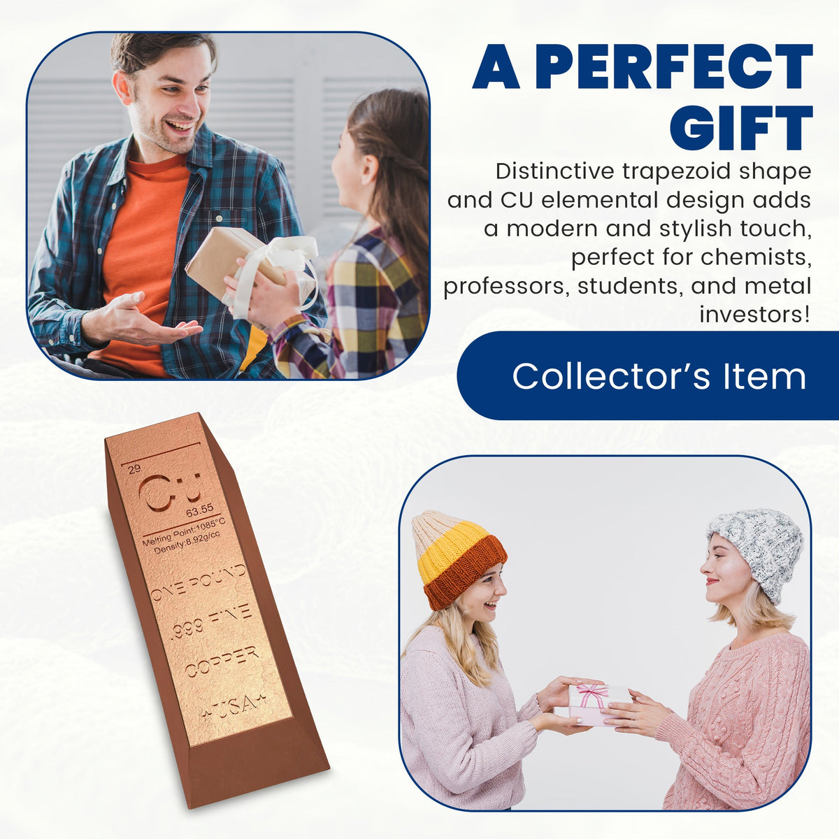 1 Pound Copper Bullion Bar Ingot Paperweight - 999 Pure Chemistry Element Design with Certificate of Authenticity