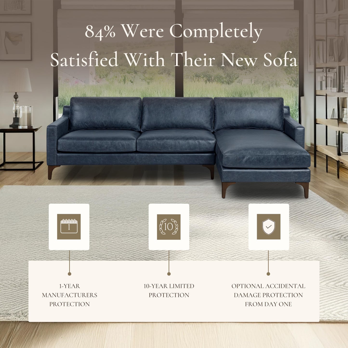 Poly & BARK Harper Left-Facing Leather Sleeper Sectional Sofa Cognac Tan– Full-Grain Aniline Leather, Sculptural Silhouette, Walnut-Finished Legs – Modern Statement Sofa for Living Spaces