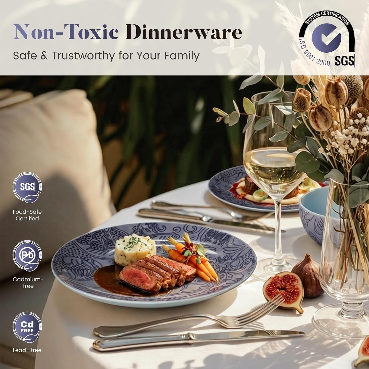 Kitchen Academy Scandinavian Dinnerware Set for 4, Stoneware Plates and Bowls Set Non Toxic, 12 Pcs Kitchen Dish Set, Microwave & Dishwasher Safe