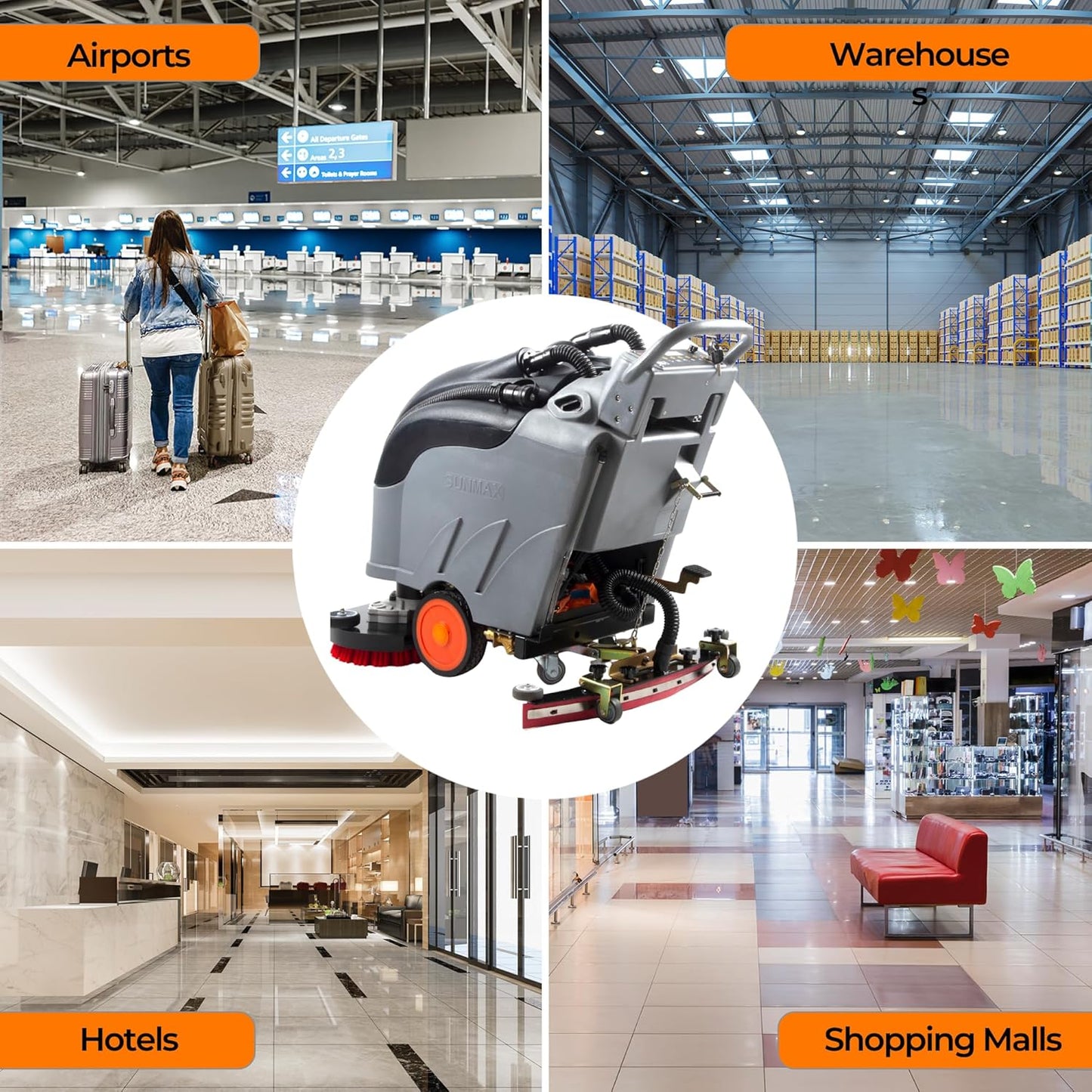 SUNMAX 28" Commercial Floor Scrubber Machine, 14.5-gal Tank, Dual Brushes and Sourcing Pads, Self-Propelled Floor Cleaner with Traction Drive