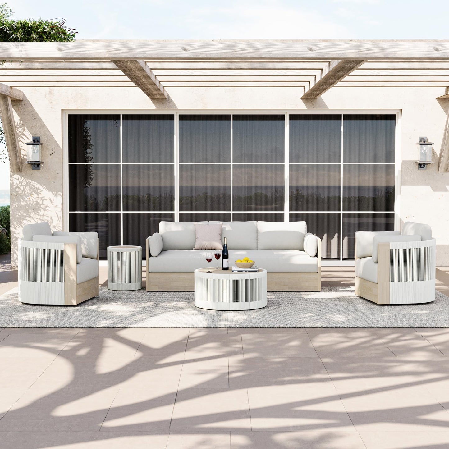 CHITA 3 Pieces Boho Patio Rattan Bistro Set, Outdoor Wicker Furniture Swivel Chairs & Side Table Set with 2 Arm Pillows, Acacia Wood Frame, Fully Assembled(Cream)