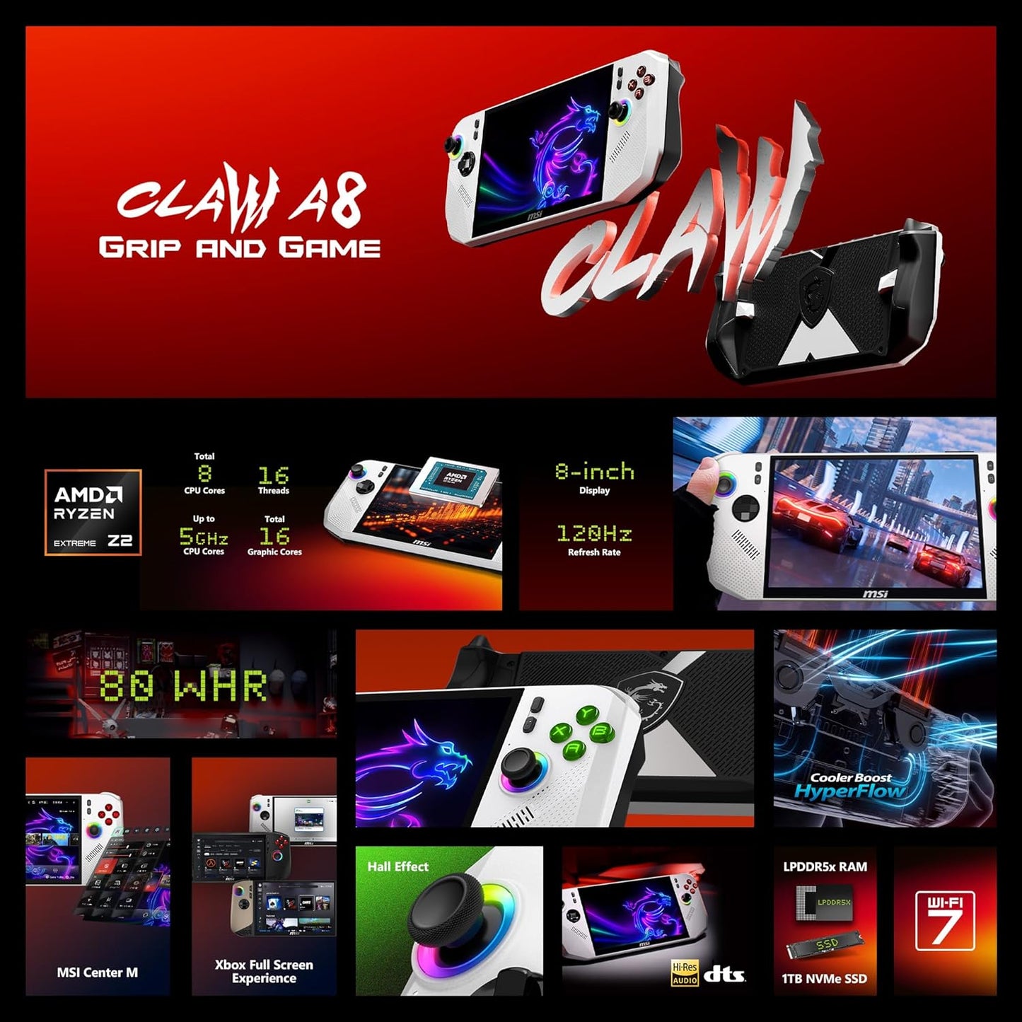 msi Claw A8 PC Gaming Handheld: AMD Ryzen Z2 Extreme, 8" FHD+ 120Hz Display, 24GB LPDDR5x, 1TB NVMe SSD, SD Card Reader, Thunderbolt 4, Win 11 Home: White BZ2EM-070US