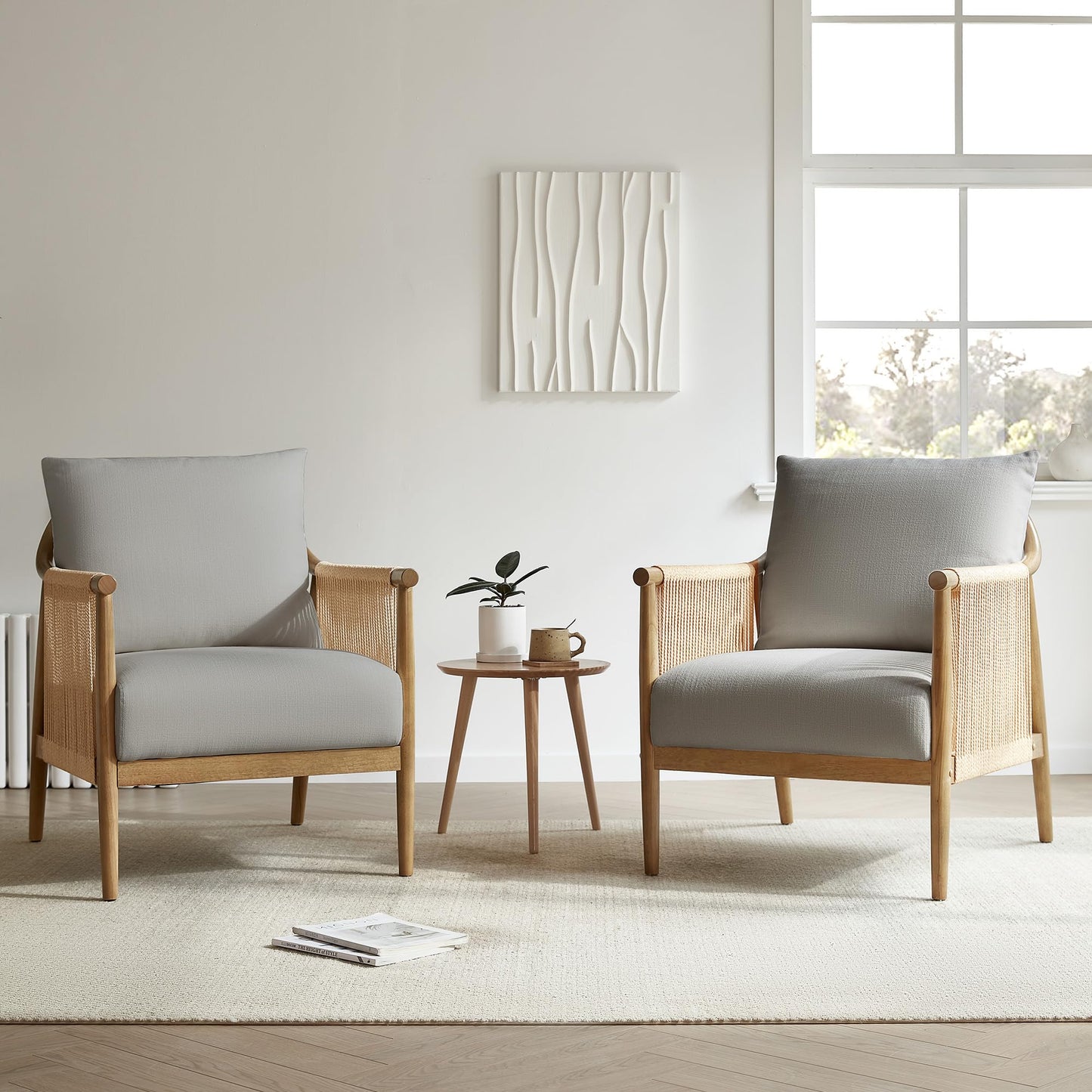 CHITA Braid Accent Chair, Modern Armchair with Solid Wooden Armrest for Living Room and Bedroom, Boho Reading Chair, Cream