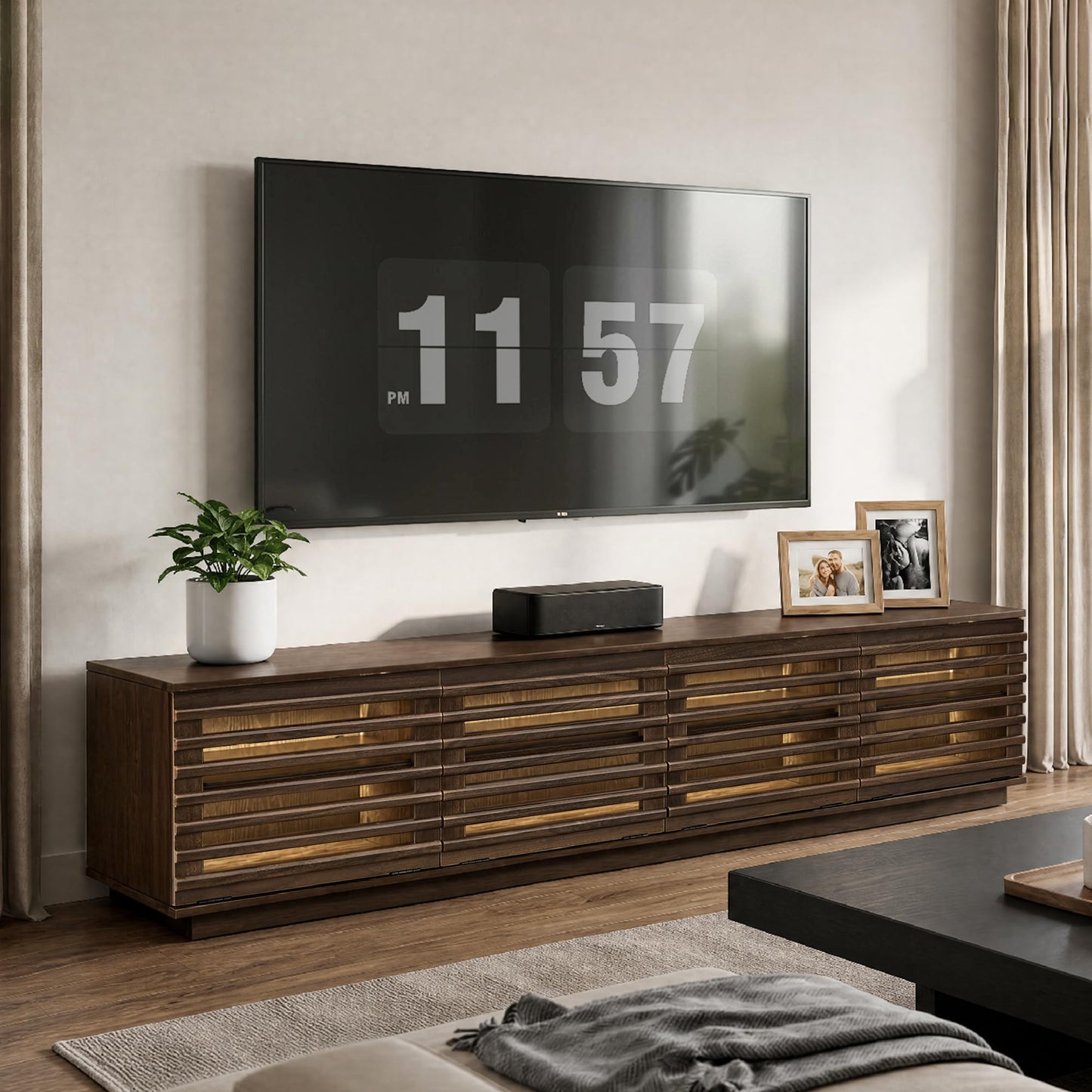 CHITA 70" Modern TV Stands with LED Light for TVs Up to 75 inches, Low Profile Entertainment Center with 4 Flip-Down Door & Fluted Details, TV Media Console for Living Room, Black