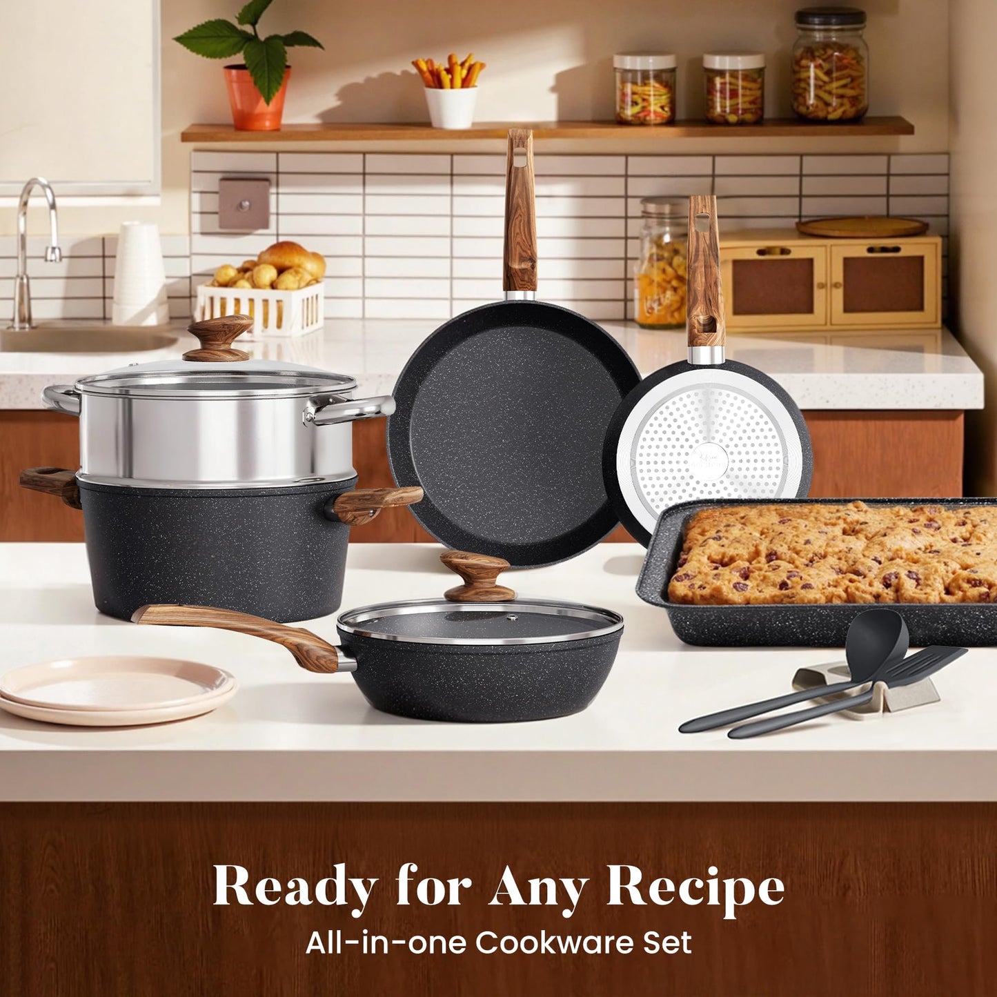 Kitchen Academy Induction Cookware Set Non Stick, 17Pcs Granite Pots & Pans | Nonstick Cooking Frying Pans for Induction Gas Electric Stove, Non-Toxic PFOA & PFOS Free, Black