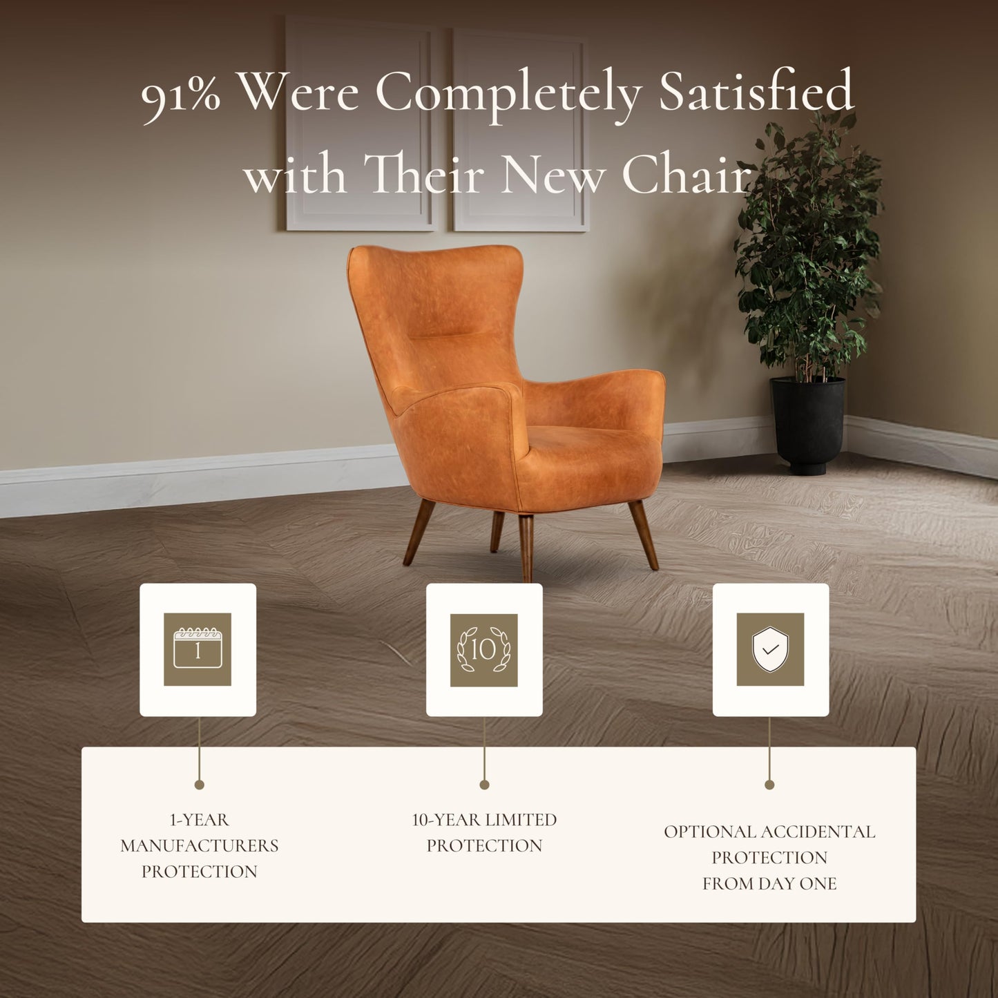 Poly & BARK Rowan Lounge Chairs Set of 2 – Mid Century Modern Leather Armchairs with Ribbed Seat and Solid Ash Wood Frame, Cognac Tan