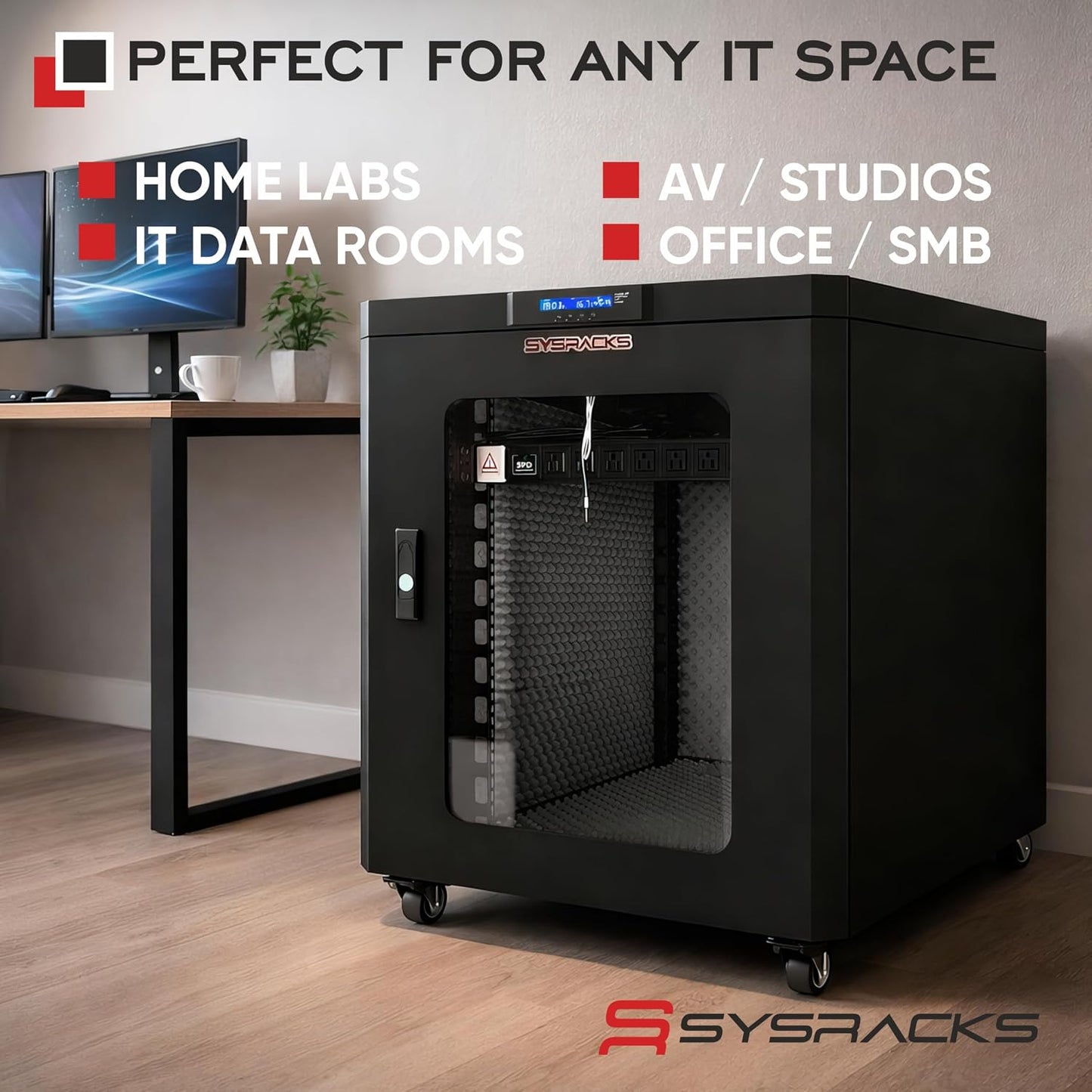 Soundproof Server Rack Cabinet – Quiet Acoustic 19” Network Enclosure with Dual Fans, Thermostat Control, Locking Glass Door, Floor Standing Rack (18U)