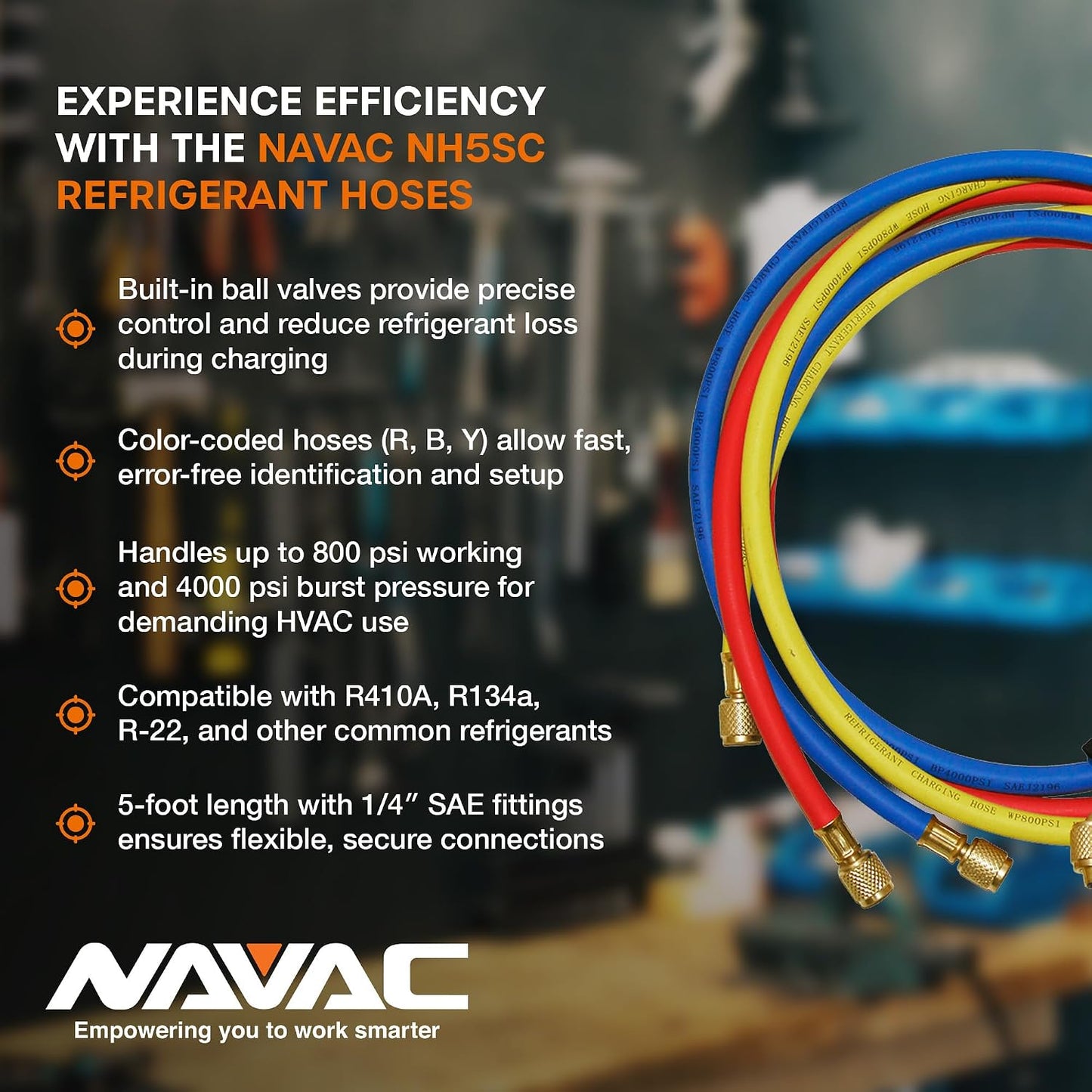 NAVAC NH5SC Refrigerant Hoses | 1/4" HVAC Charging Hoses with Ball Valve | Suitable for R410A, R134a, R-22 and Other Refrigerants | 5 Feet Long | 3-Color Hose Kit | 1 Year Warranty