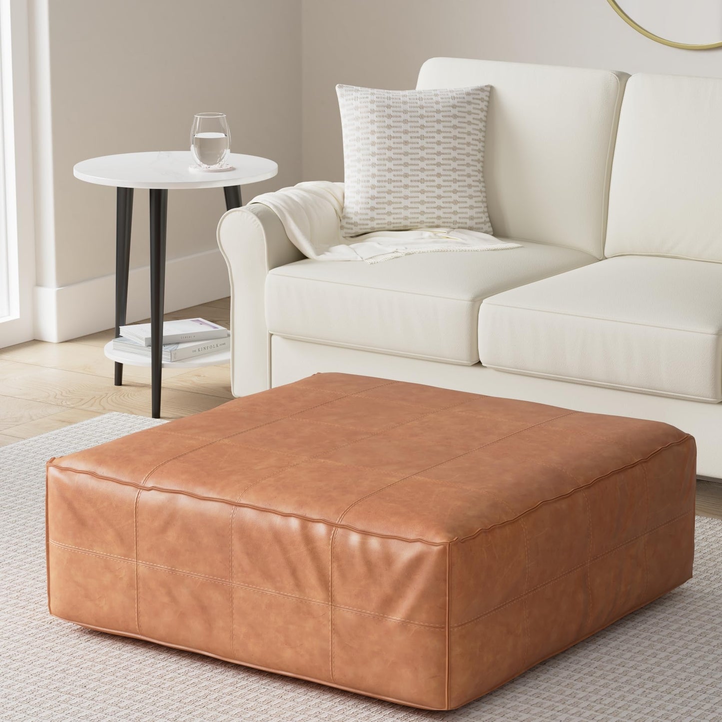 POLY & BARK Denver Ottoman – 43" Large Pouf with Feather-Down Topper – Full-Grain Leather Upholstered Pouf Ottoman for Living Room – Vintage Italian Leather in Cognac Tan