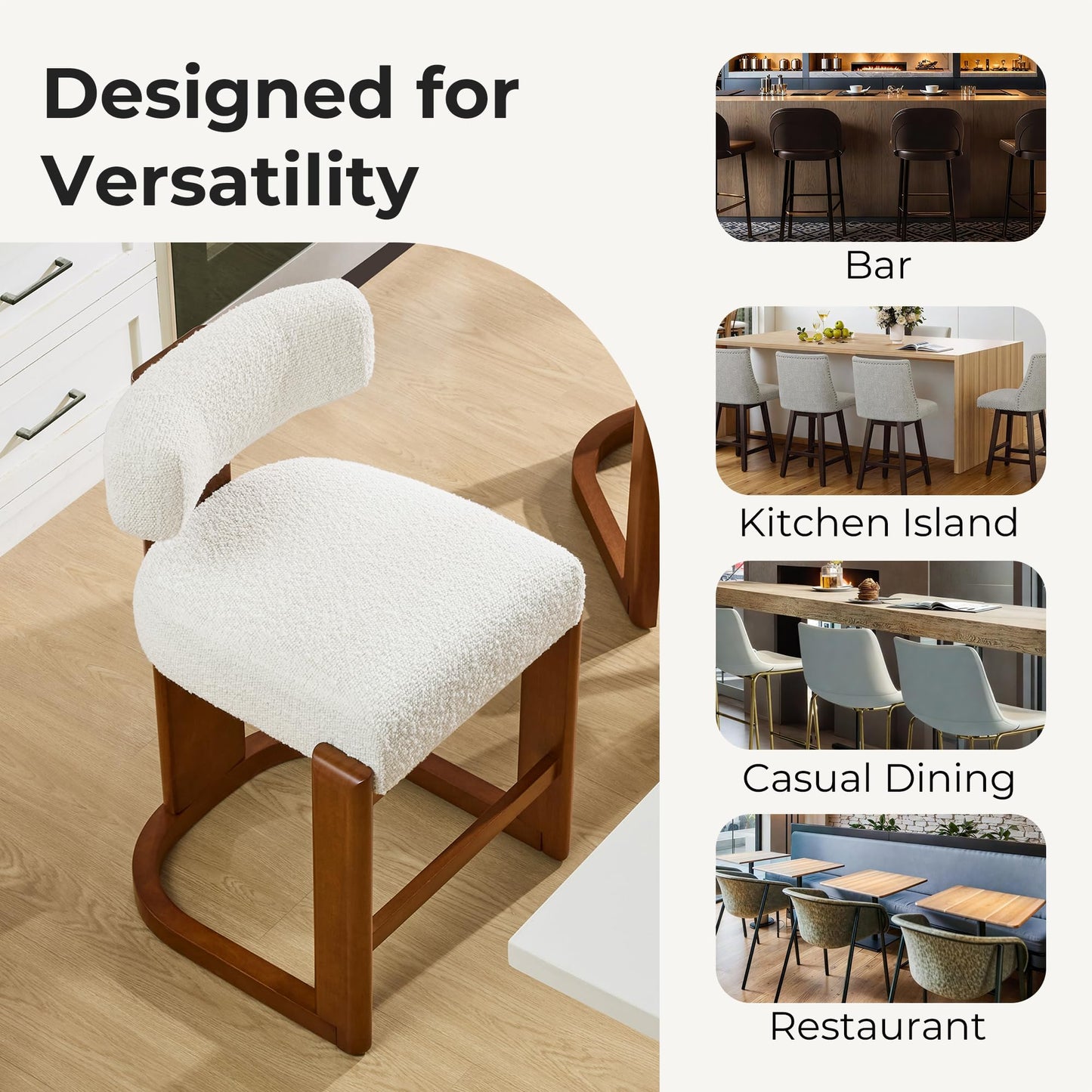 CHITA Modern Bar Stools Set of 2, 27" Counter Height Bar Stools, Upholstered Barstools with Backs and Wood Legs for Kitchen Island Dining Room, Oatmeal Fabric with Walnut Frame