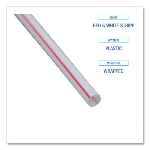 Boardwalk Wrapped Jumbo Straws, 7.75", Plastic, White/Red Stripe, 400/Pack, 25 Packs/Carton (BWKJSTW775S24)