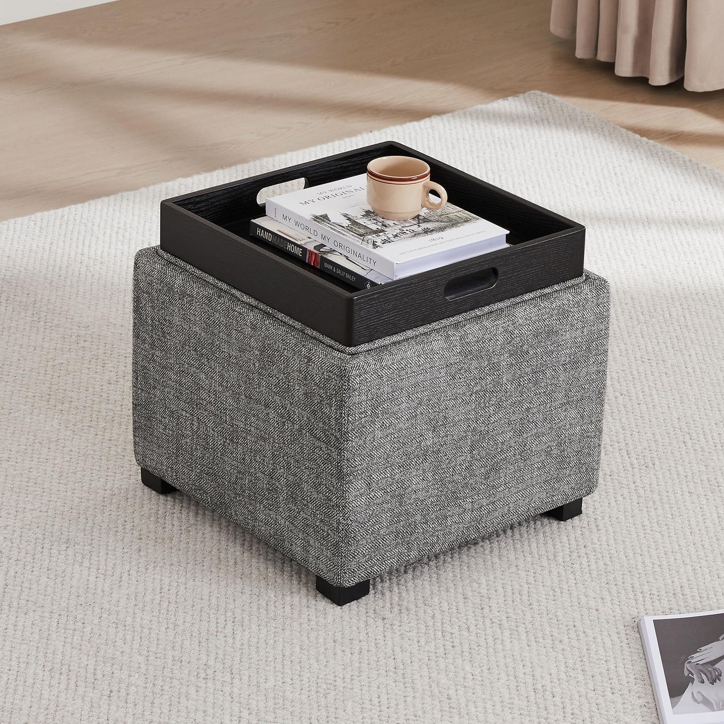 CHITA Storage Ottoman Cube with Tray Lid, Small Footstool with Storage, Square End Table for Living Room and Bedroom, Faux Leather in Saddle Brown