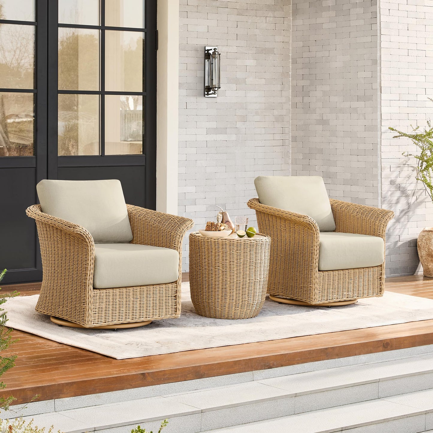 CHITA 3 Pieces Wicker Patio Bistro Set, Outdoor Rattan Furniture Set with 2 Pieces Thickened Cushion Swivel Chairs and Side Table for Backyard, Poolside, Garden or Porch