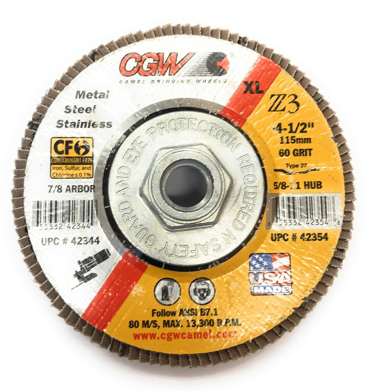 CGW Abrasives 42354 Abrasive Flap Disc 4-1/2" x 5/8-11" 60 Grit Zirconia - Pkg Qty 10