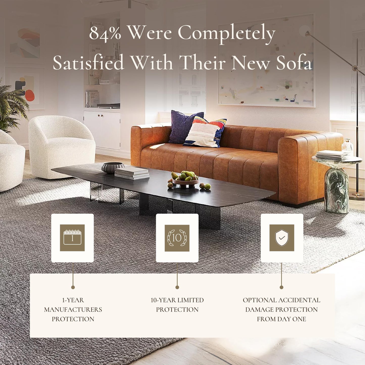 POLY & BARK Sorrento 86" Sofa – Cognac Tan Full-Grain Pure-Aniline Italian Leather, Feather-Down Cushions, Solid Wood Frame & Walnut Legs