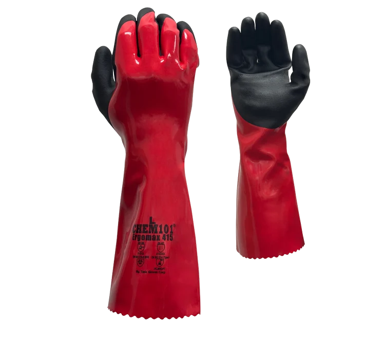 Task Gloves CH415 Ergomax 18G Seamless Nylon Lining, Fully Coated Red Co-Polymer Palm Coated with Black Sandy-Foam Co-Polymer, 15" Long Gauntlet