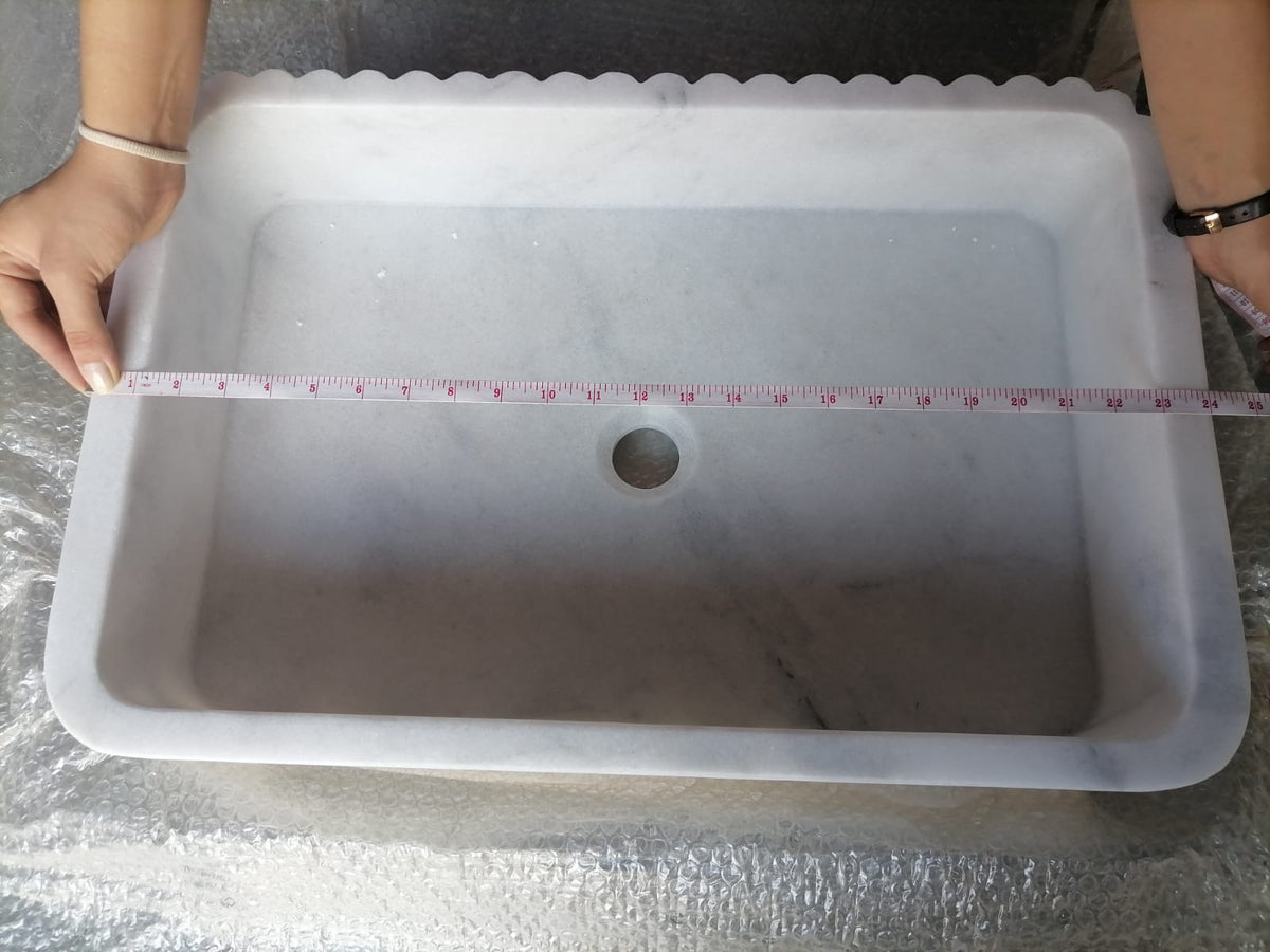 Carrara White Marble Wall-Mount Bathroom Sink - 24x16 Ribbed Honed