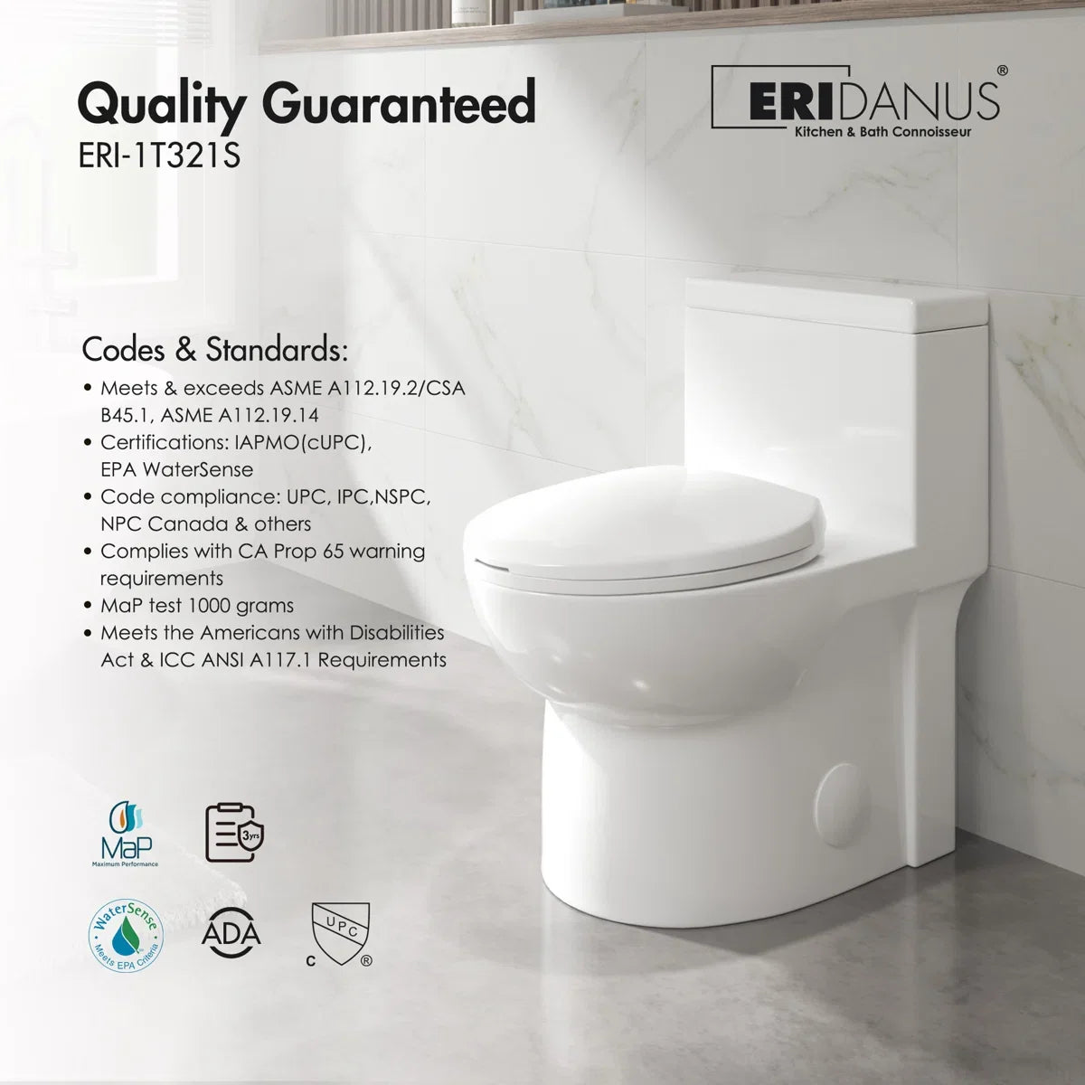 Denbigh One-Piece Toilet – Dual or Single Flush, Comfort Height