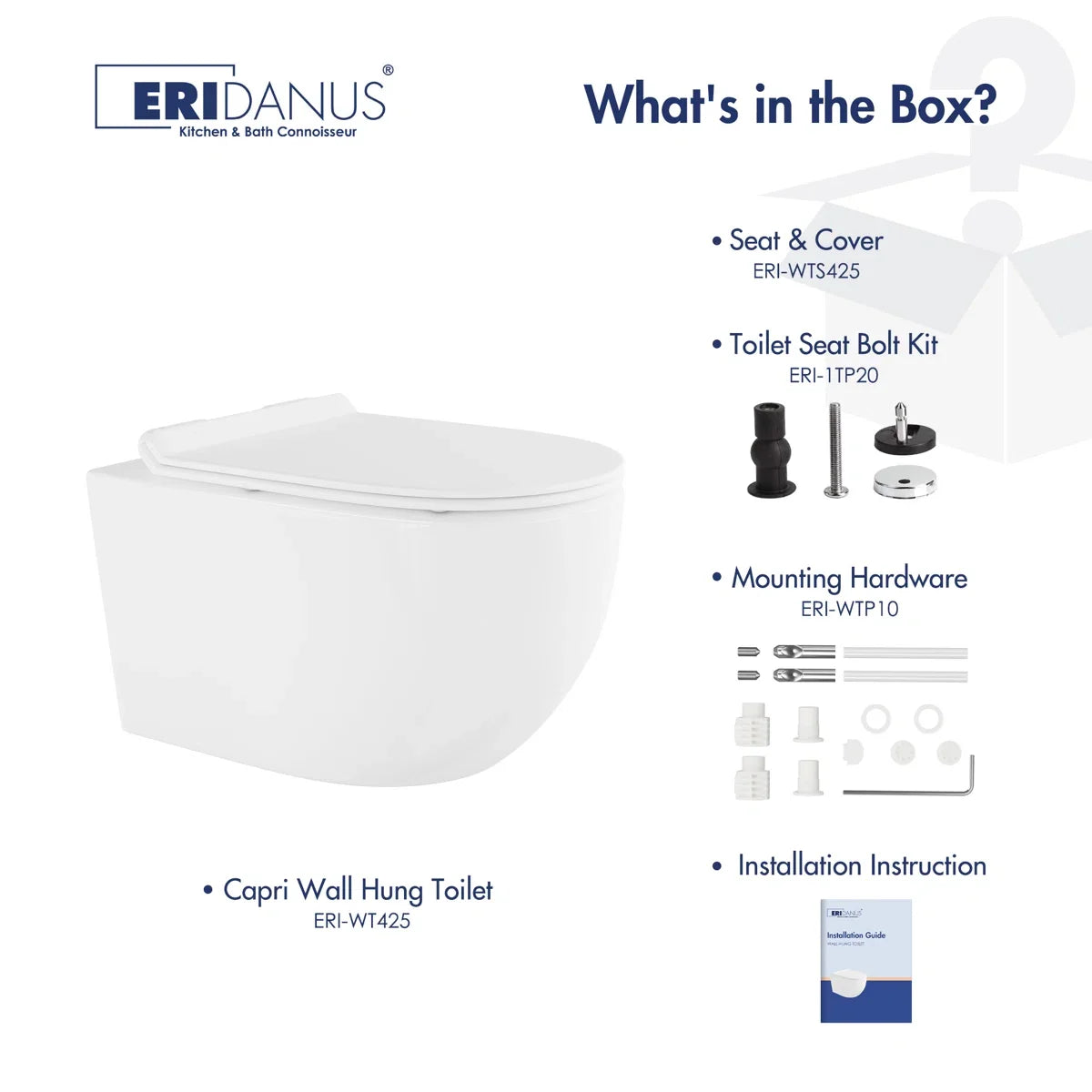 Capri Elongated Wall-Mount Rimless Toilet Bowl in White, Soft-Close Seat
