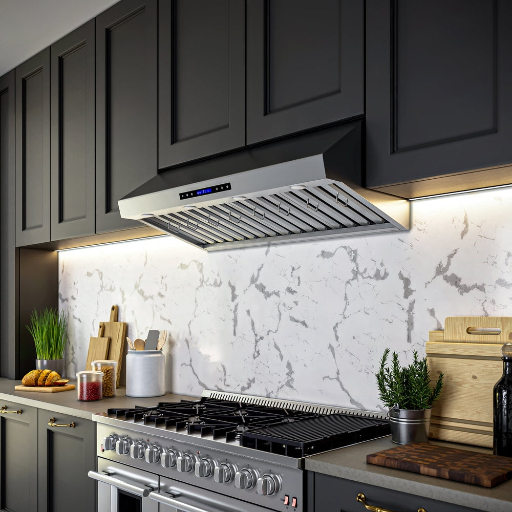 Forno Palazzo 48-Inch Wall Mounted Range Hood, Stainless Steel, Heavy Duty Baffle Filters, Remote Control