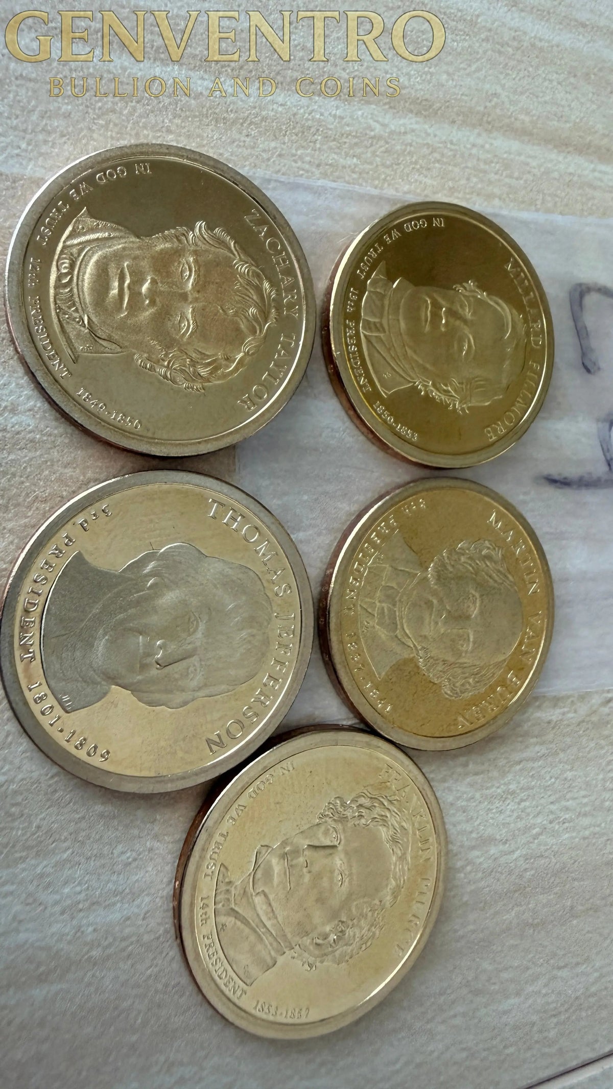 5 x US $1 One Dollar Golden Presidential Coins - Lot of 5 Unique Coins (L4)