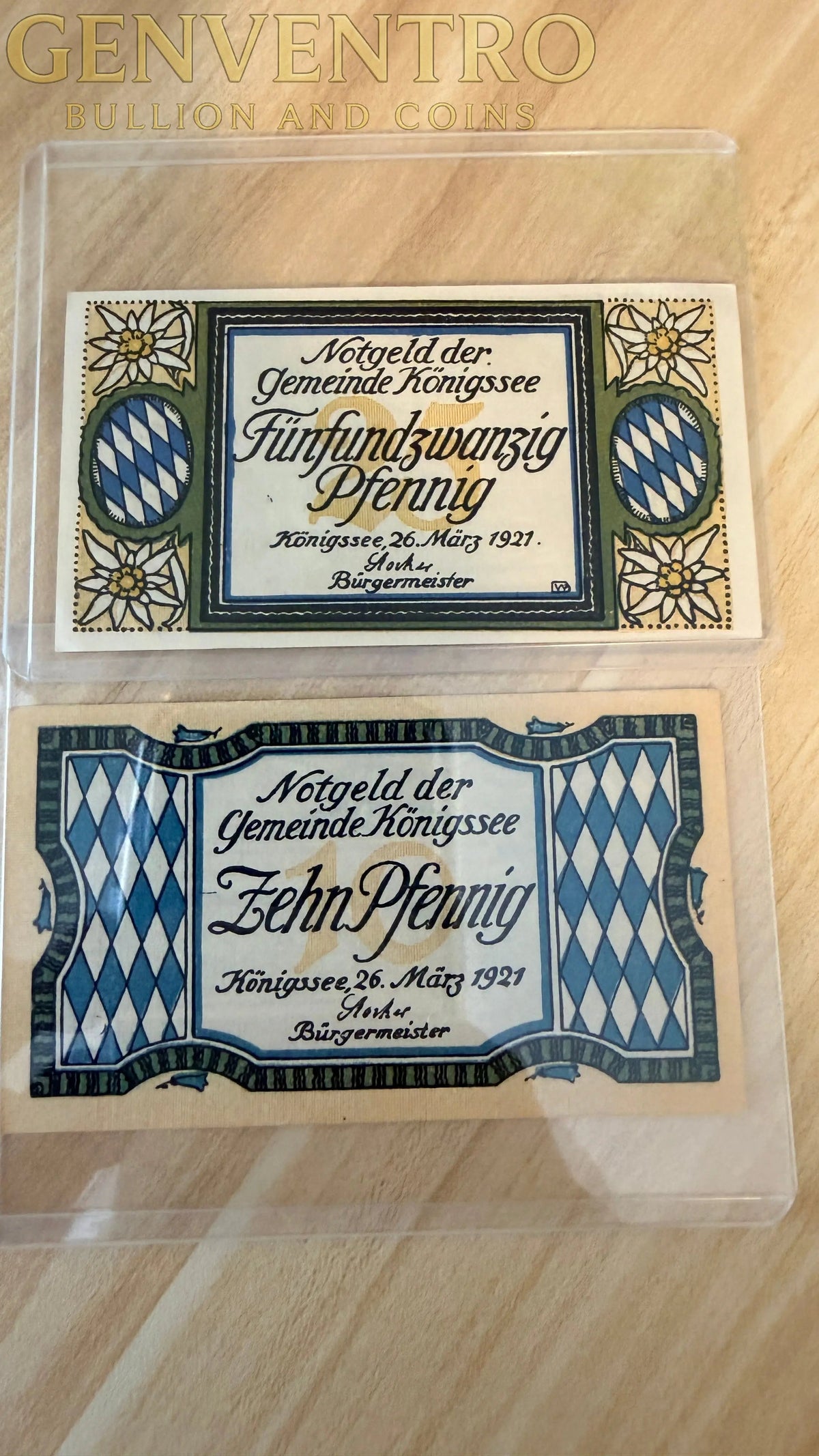 1921 Germany Königsee Notgeld – 10 & 25 Pfennig Pair (2 Notes) Lake & Mountain Scenes