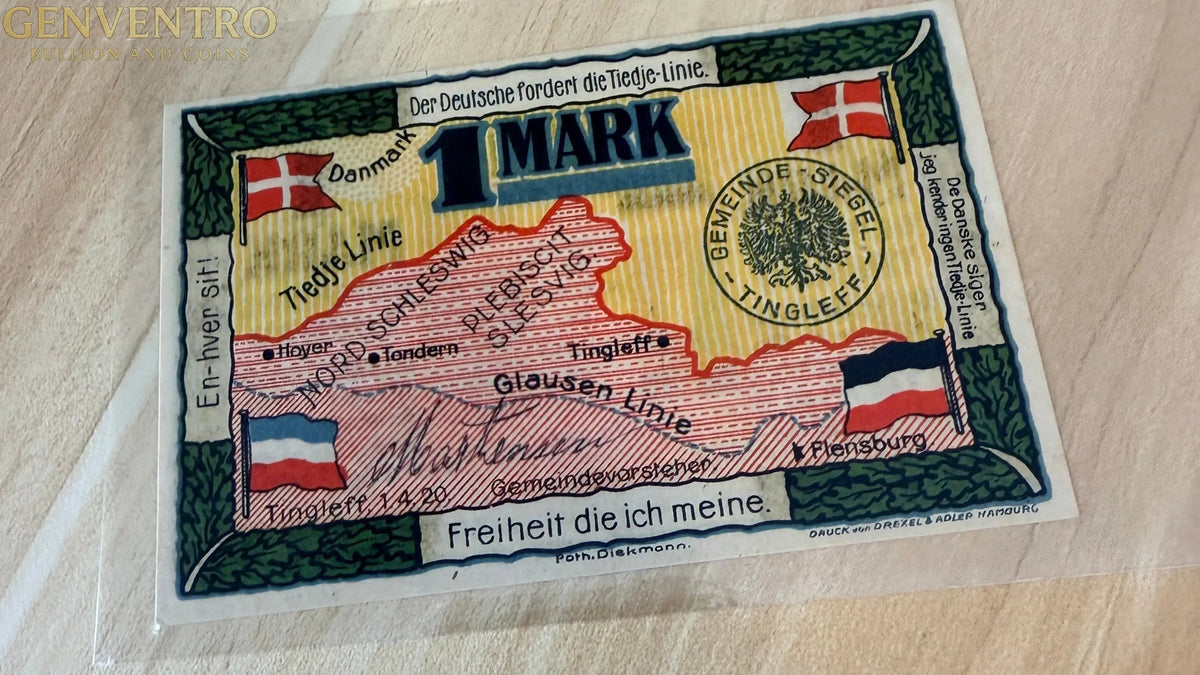 1920 Germany–Denmark Tingleff Notgeld 1 Mark – Schleswig Plebiscite Bilingual Note