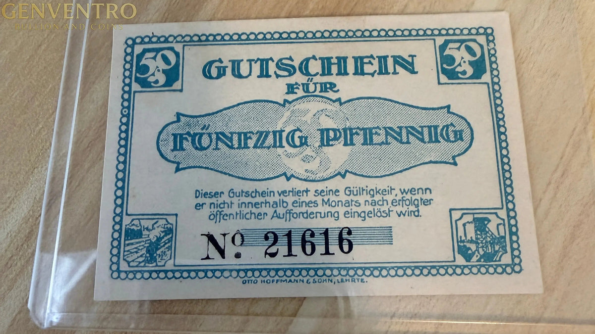 1920s Germany Notgeld 50 Pfennig “Gutschein für Fünfzig Pfennig” – Blue Voucher Note