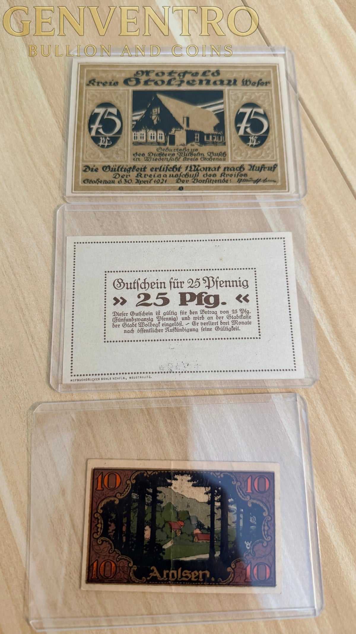 Germany Notgeld Mixed Lot – Neustrelitz 25 Pf, Arolsen 10 Pf & 75 Pf Allegorical Time Design – 3 Notes