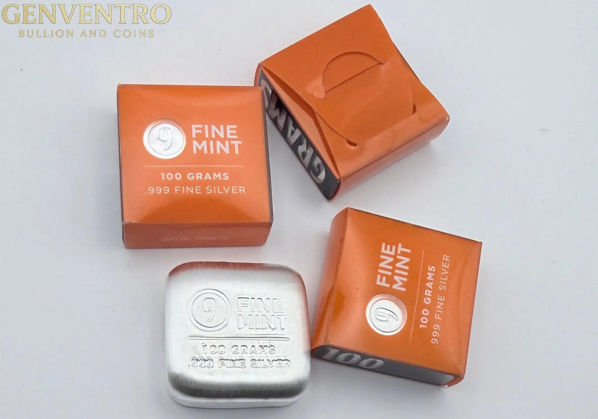 100 gram Cast-Poured .999 Fine Silver Bar - New In Box - 9Fine Mint