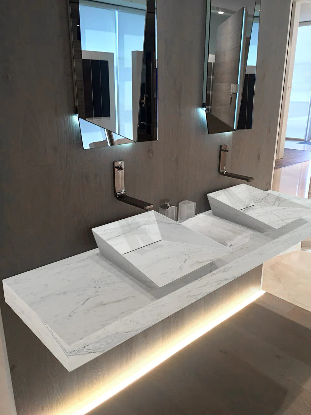 Imperial White Marble Double Bathroom Sink Wall-Mount - 80 Inch
